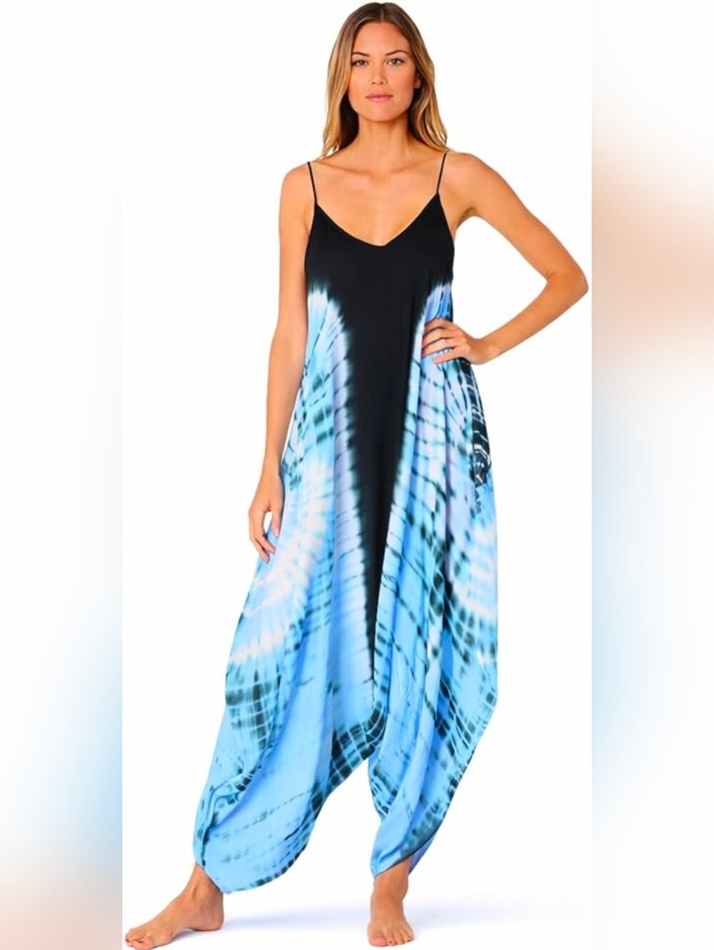 Black and Blue Tie-Dye Flowing Jumpsuit